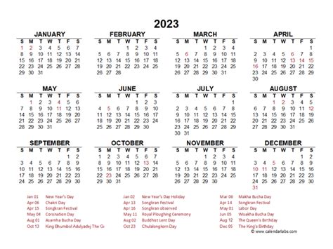 Printable Calendar 2023 for Thailand (PDF).